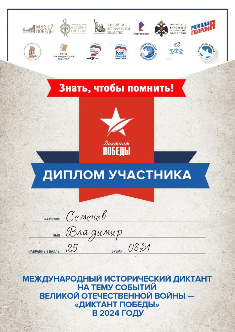 диктант Победы, сертификат